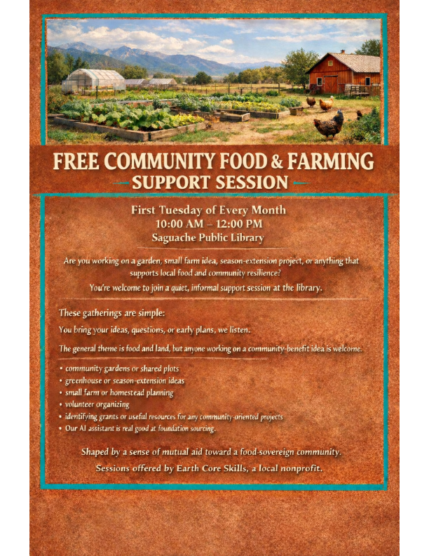 Free community food and farming support session, first Tuesday of every month, 10am to 12pm.